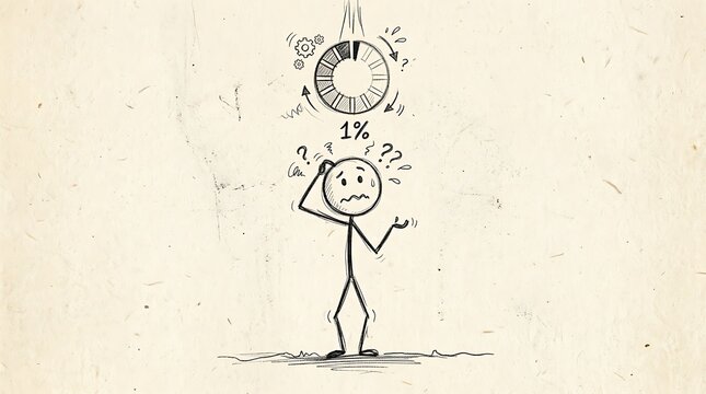 A stick figure appears distracted by a phone with an alarm clock above showing one percent battery
