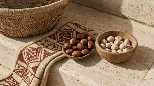 shea. Mud cloth fabric with shea nuts and woven basket, West African craft and natural decor. event programs, museum guides, designed for cultural heritage projects and event programs.