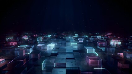 Fototapeta premium Futuristic Digital Landscape with Glowing Blocks and Neon Lights at Night