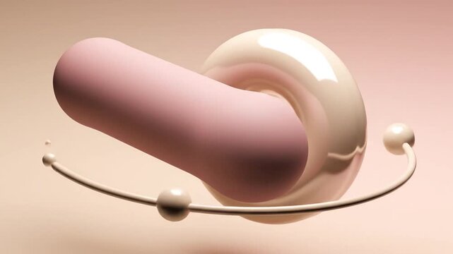 Abstract 3D render of a pink sphere and beige torus with small droplets