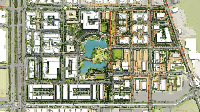 Top down city plan layout with zones and color coded areas.