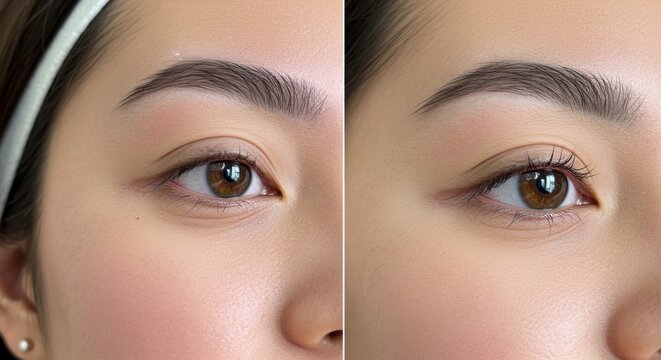 Split screen close up of a woman eye showing before and after microblading treatment in a clinical beauty salon for medical marketing and aesthetic enhancement