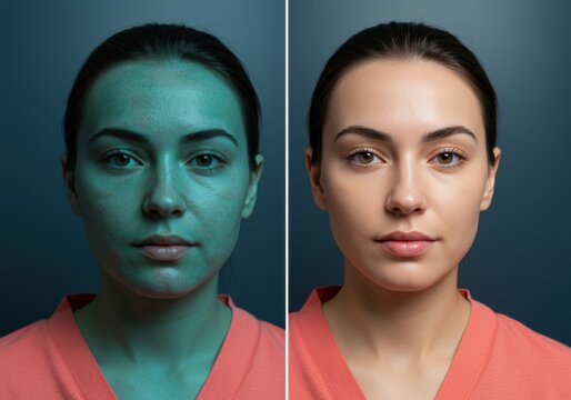 Young woman face portrait before and after skin treatment results for skincare clinic marketing, split screen showing transformative results with copy space