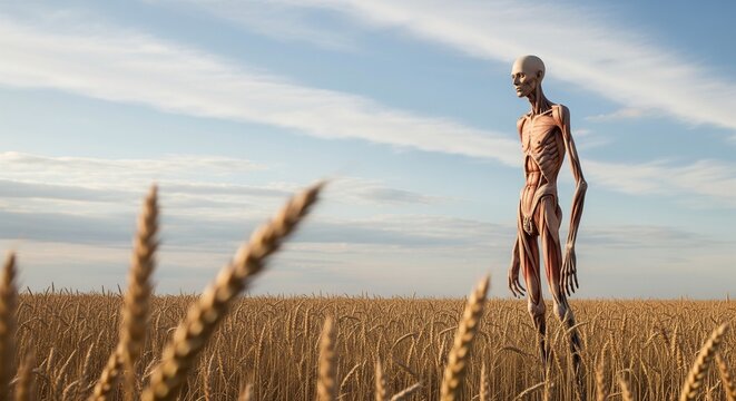 Extremely emaciated anatomical figure with exposed muscles walking through a golden wheat field under a cloudy blue sky