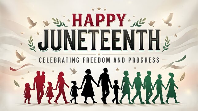 Juneteenth Celebration Poster With Silhouettes Of People And Doves