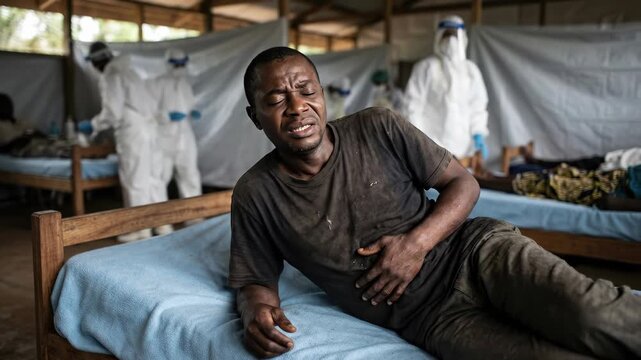 Infectious disease anguish: ebola virus, human suffer, medical ward, receive care, health crisis, global threat, patient isolation, epidemic control, virus transmission.