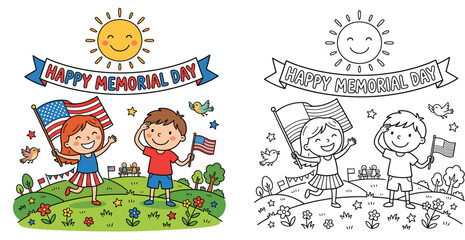 Naklejka premium Happy Memorial Day Coloring Page for Kids with Saluting Boy and Girl Holding USA Flags, Patriotic Activity Illustration with Outline Version included.