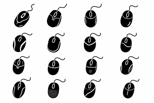 Sixteen diverse black silhouette of computer mice with wired connections