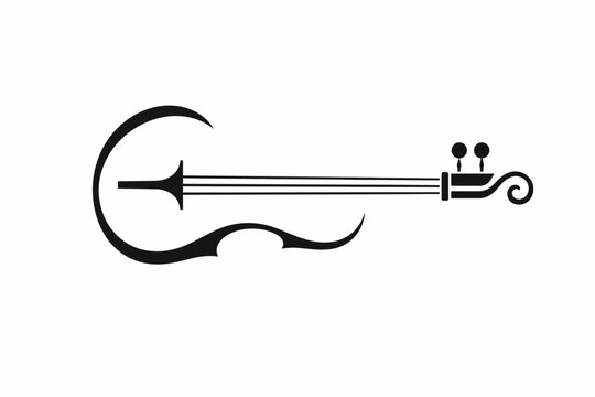 Stylized black silhouette of a traditional indian sitar on a white background