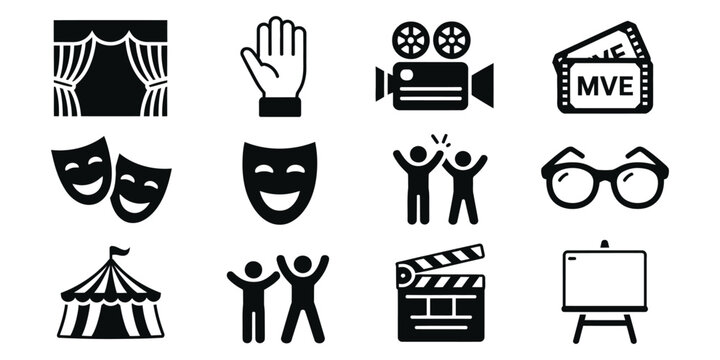 Entertainment performing arts icon set featuring theater, music, dance, cinema, stage performance and creative culture vector symbols.