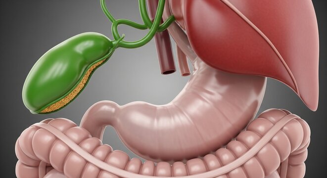 Anatomical illustration of the human digestive system including stomach, liver, gallbladder