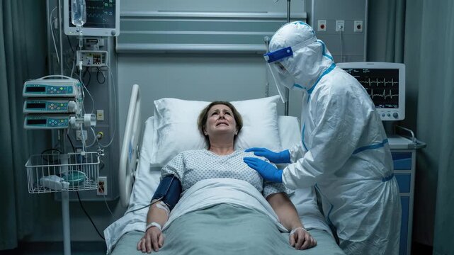 Epidemic illness isolation: Ebola virus, health protection, patient suffer, critical condition, care worker, disease control, medical equipment, hospital ward, crisis respond, human connection.