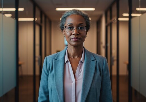 Confident Mature Black Businesswoman in Grey Blazer and Glasses Standing in Modern Office Hallway, Professional Portrait for Corporate Leadership and Empowerment