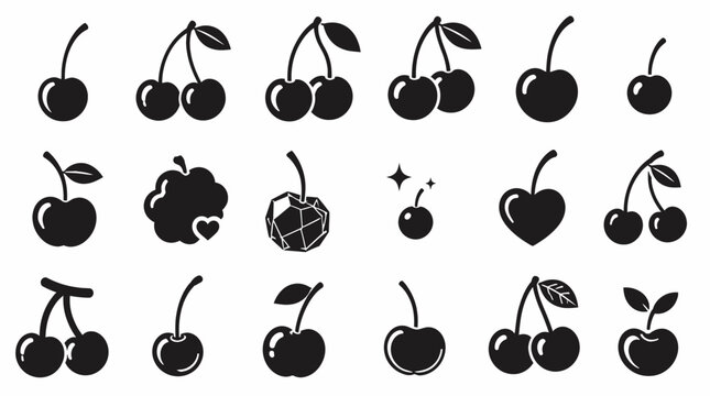 Collection of stylized black cherry with stems and leaves