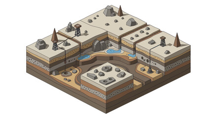 Isometric Cross-Sectional View of Geological Strata and Underground Features. © Fais