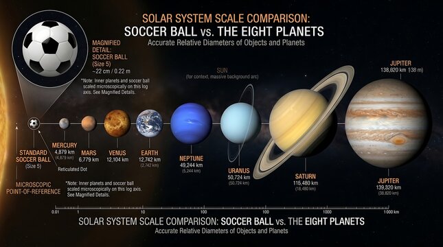 Precise scale comparison infographic chart displaying solar system planet sizes relative to a standard soccer