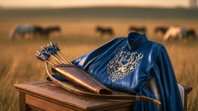 recurve. Mongolian recurve bow and quiver on ger doorstep with silk deel, nomadic steppe heritage. event programs, museum guides, designed for cultural heritage projects and event programs.