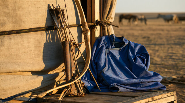 recurve. Mongolian recurve bow and quiver on ger doorstep with silk deel, nomadic steppe heritage. event programs, museum guides, designed for cultural heritage projects and event programs.