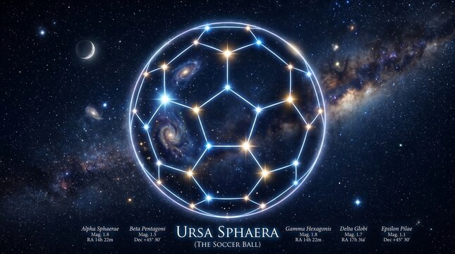 Creative astronomy art illustration mapping orbit constellation lines across a floating translucent celestial sphere football
