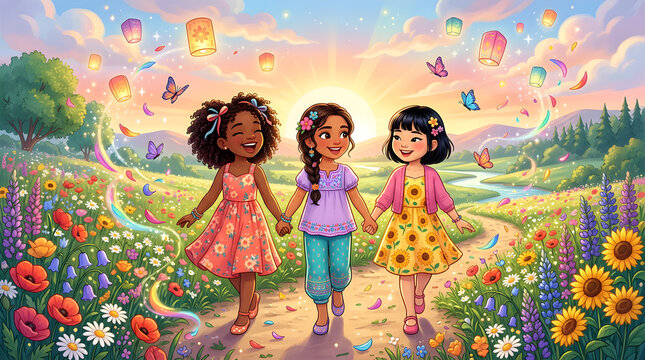 Three diverse happy little girls walking together and holding hands in a beautiful sunny flower field with butterflies at sunset