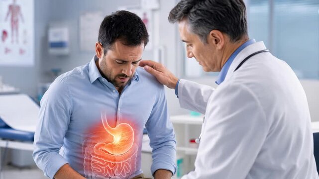 Doctor examining man with abdominal pain. Physician palpating stomach of male patient in hospital. Digestive system health, medical consultation and diagnosis.