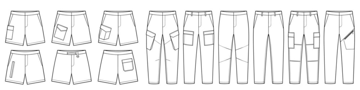 mens heavy duty painter short pant and carpenter utility trouser flat sketch vector illustration front and back view technical cad drawing template transparent background