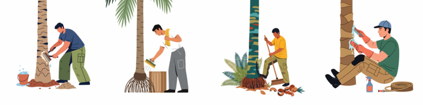 Set of workers cleaning and maintaining palm trees, sweeping fallen husks, scrubbing trunks, and caring for exotic plants in a tropical setting.