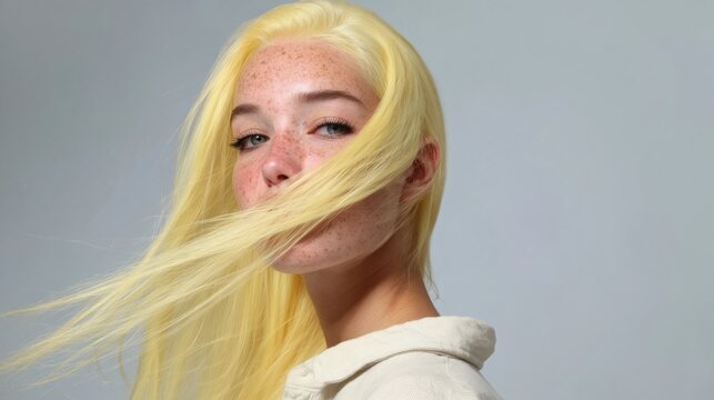 Young woman with pale yellow hair looking away in a bright studio setting for a luxury hair salon branding campaign with copy space on a grey background