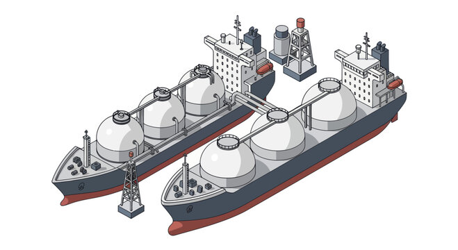 Isometric illustration of two liquefied natural gas carriers with loading and unloading facilities.