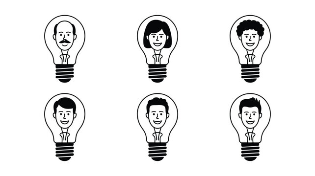 Lightbulb character face icons set in black and white with various emotions and hairstyles for creativity and expression concepts.
