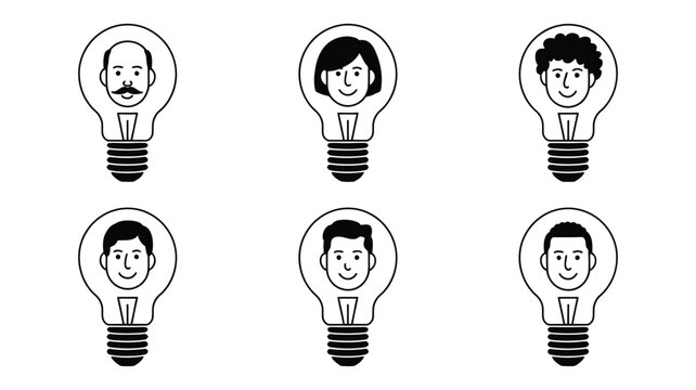 Black and white cartoon lightbulb head icons set with different facial expressions and hairstyles for emotion and idea representation.