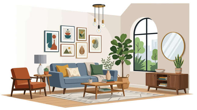 Modern living room interior with blue sofa and gallery wall