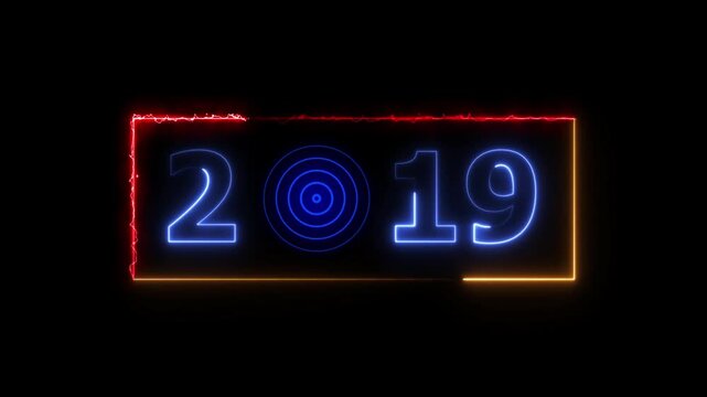 19 years neon bright number text radio wave royal blue color animation. New year celebration number. Black background 4k video.