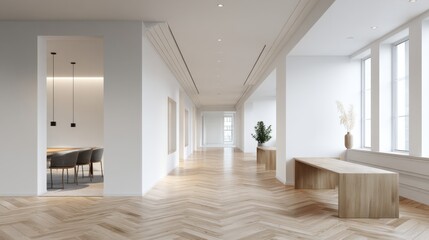 Fototapeta premium Spacious modern interior with large windows, wooden floors, and minimalistic design for open living space
