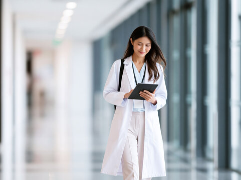 Woman in White Coat Reading Tablet in Hospital Corridor