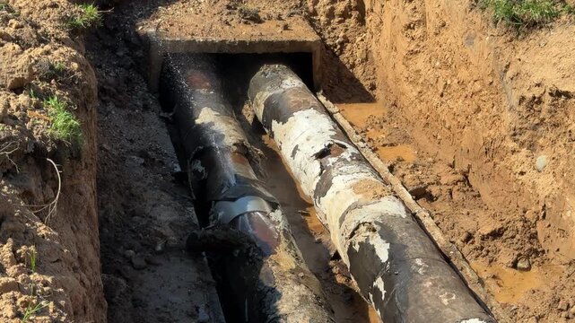 Water jet bursts from damaged heating pipe in excavated trench with muddy water and old insulation, emergency utility repair concept