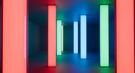 Fototapeta premium Vibrant rectangular lights illuminate a dark room with colorful beams.