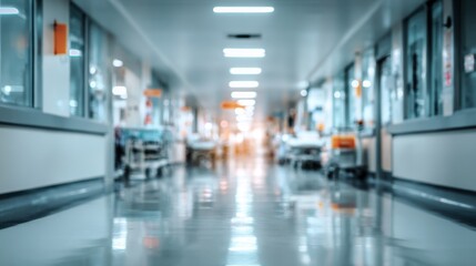 Fototapeta premium Modern hospital corridor with medical equipment, clean floors, bright lighting, and patient rooms for healthcare environment