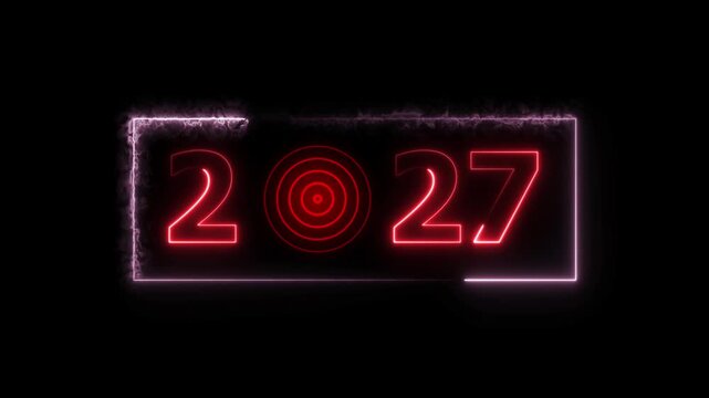 27 years neon bright number text radio wave red color animation. New year celebration number. Black background 4k video.