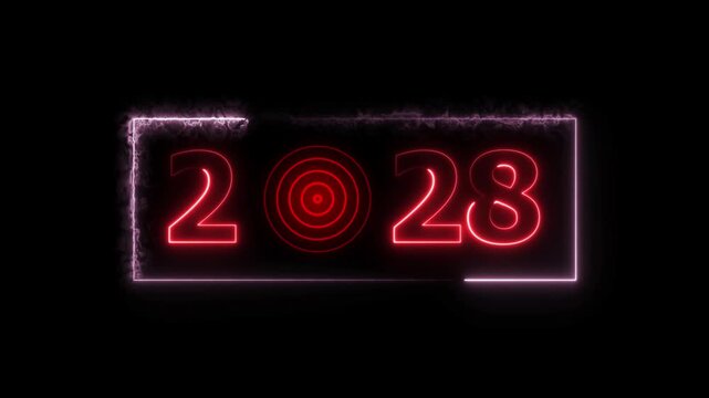 28 years neon bright number text radio wave red color animation. New year celebration number. Black background 4k video.