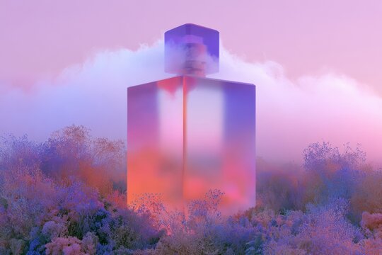 Translucent perfume bottle standing, ethereal surreal landscape, soft pink purple clouds, vibrant fresh floral scent