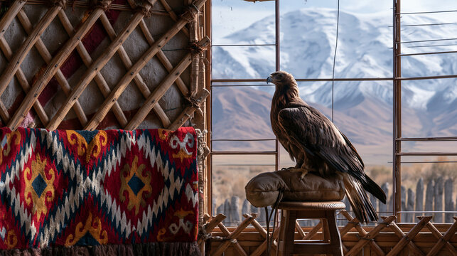 yurt. Colorful felt shyrdak rug on yurt lattice, golden eagle on glove, Central Asian nomadic concept. event programs, museum guides, designed for cultural heritage projects and event programs.