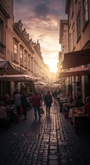Fototapeta premium Bustling street market with vendors and crowds walking down a cobblestone path at sunset for travel documentary and global economy concepts with golden hour light