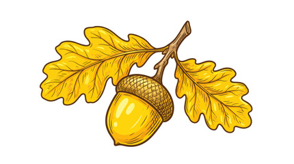 Golden acorn hanging from a branch with two oak leaves © mumun