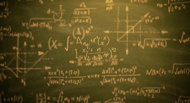 Mathematical formulas and physics equations drawn on a chalkboard for educational publishing, scientific research presentations and academic textbook