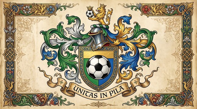 Heraldic fantasy emblem design graphic painting showcasing an ornate gold royal shield crest flanked by