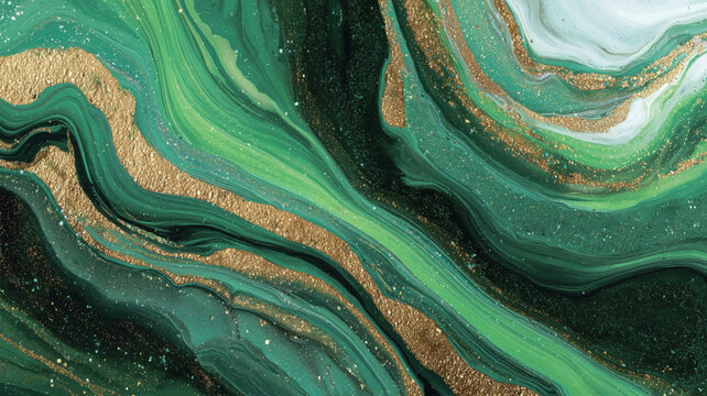 Luxury green geode inspired texture with gold glitter details. Ideas for backgrounds, social media design, and business card templates.