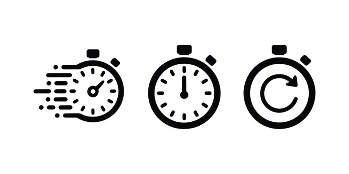 Stopwatch symbols set showing time passing fast, cycle repeat, and clock running out for productivity and time control design.