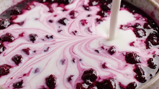 Pouring cream into a bowl of dark berry compote