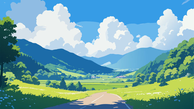 入道雲と山並みが広がる夏の田園風景のアニメ風イラスト